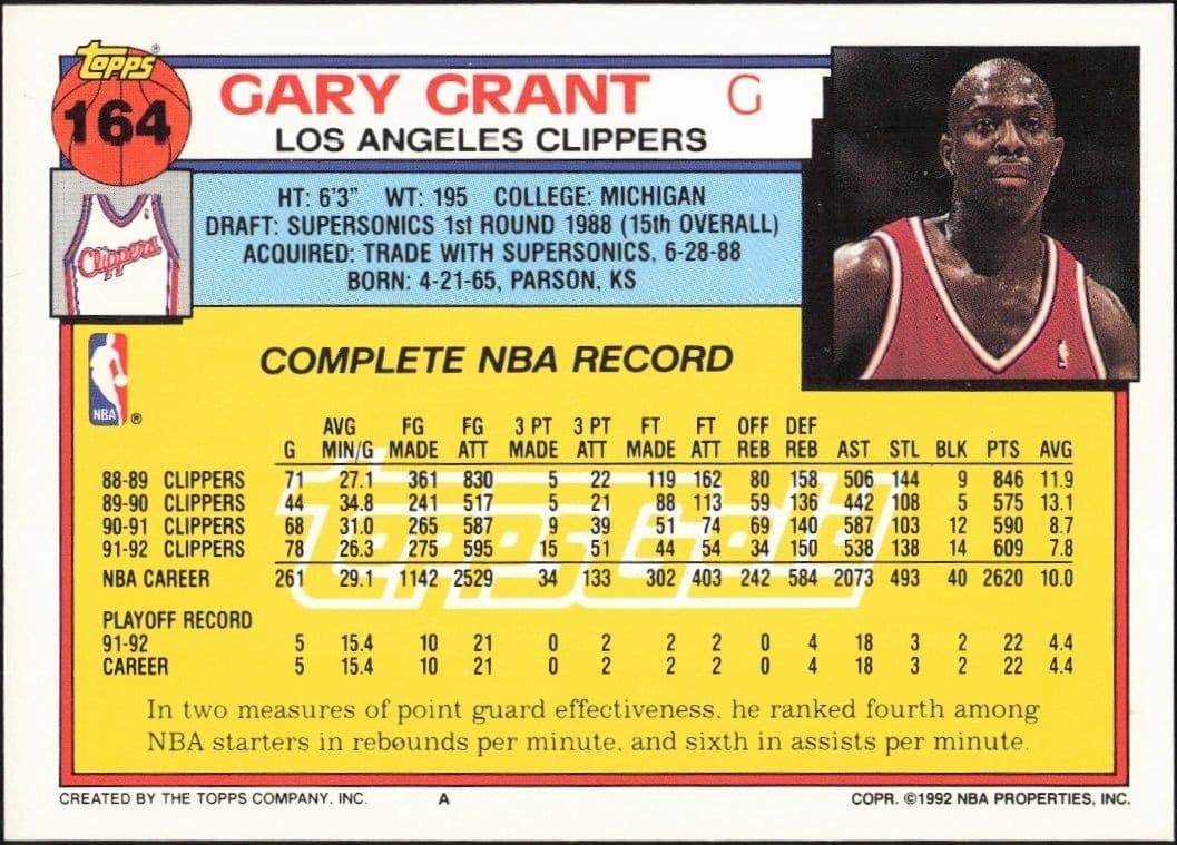 1992-93 Topps Gary Grant #164 basketball trading card back