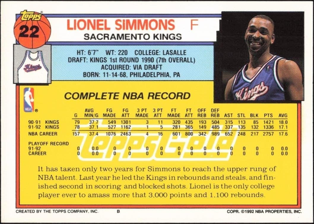 1992-93 Topps Lionel Simmons #22 basketball trading card back