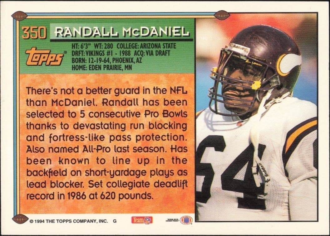 1994 Topps Randall McDaniel #350 football trading card back