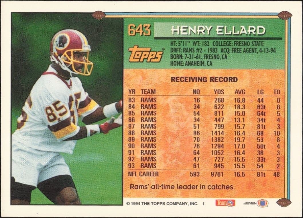 1994 Topps Henry Ellard #643 football trading card back