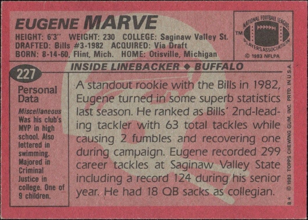 1983 Topps Eugene Marve #227 football trading card back