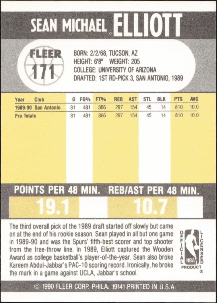 1990-91 Fleer Sean Elliott #171 basketball trading card back