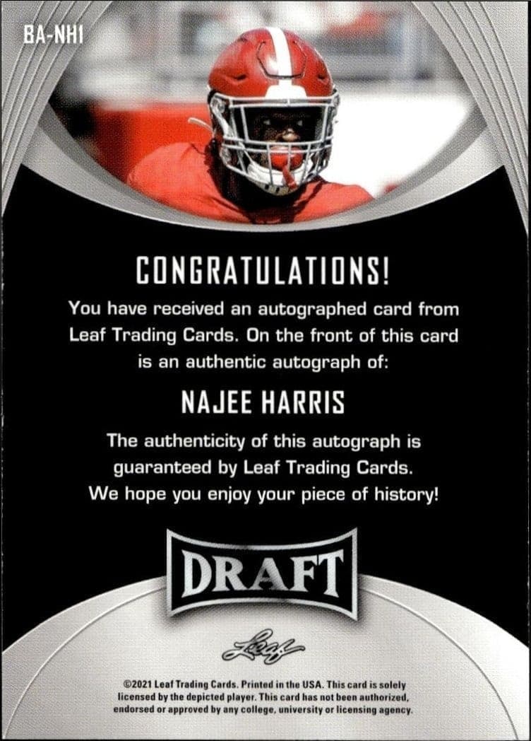 2021 Leaf Draft Najee Harris #BA-NH1 football trading card back