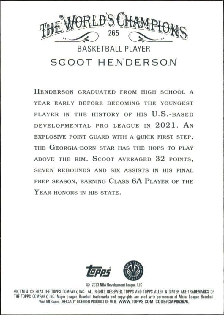 2023 Topps Allen & Ginter Scoot Henderson #265 baseball trading card back
