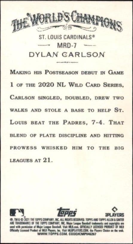 2021 Topps Allen & Ginter Dylan Carlson #MRD-7 baseball trading card back