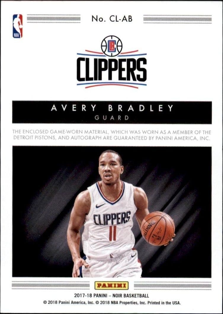 2018-19 Panini Noir Avery Bradley #CL-AB basketball trading card back