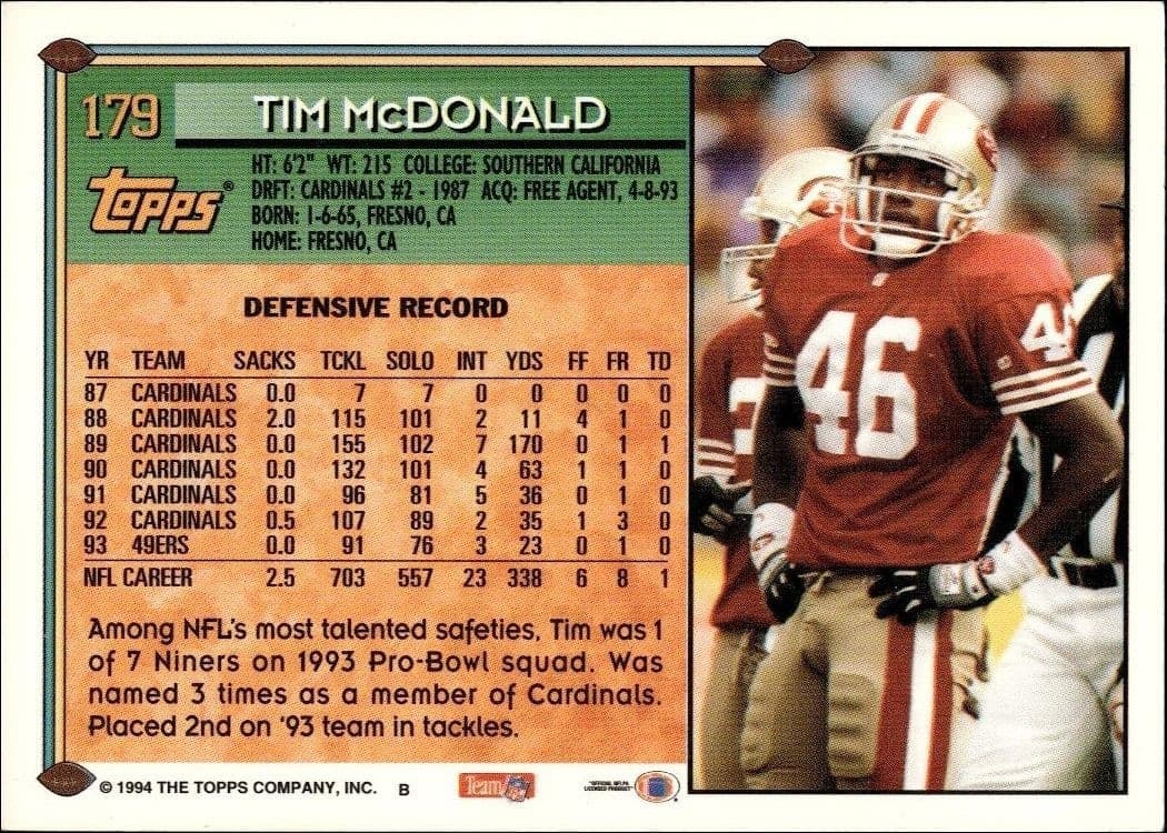 1994 Topps Tim McDonald #179 football trading card back