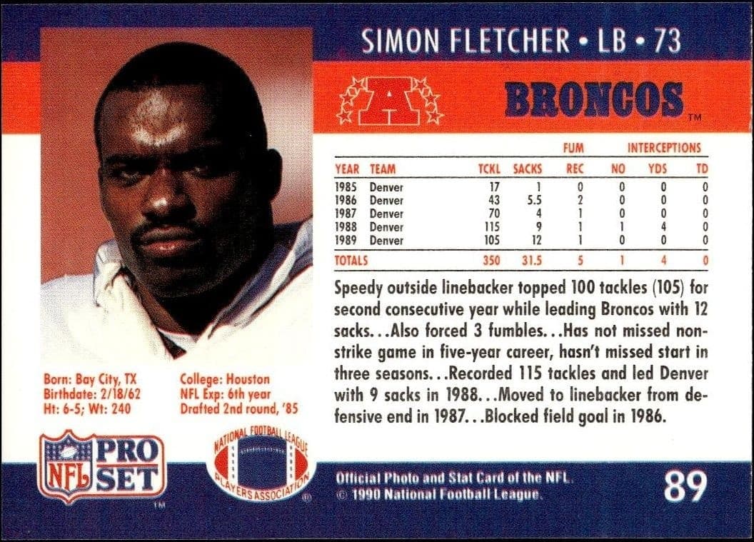 1990 Pro Set Simon Fletcher #89 football trading card back