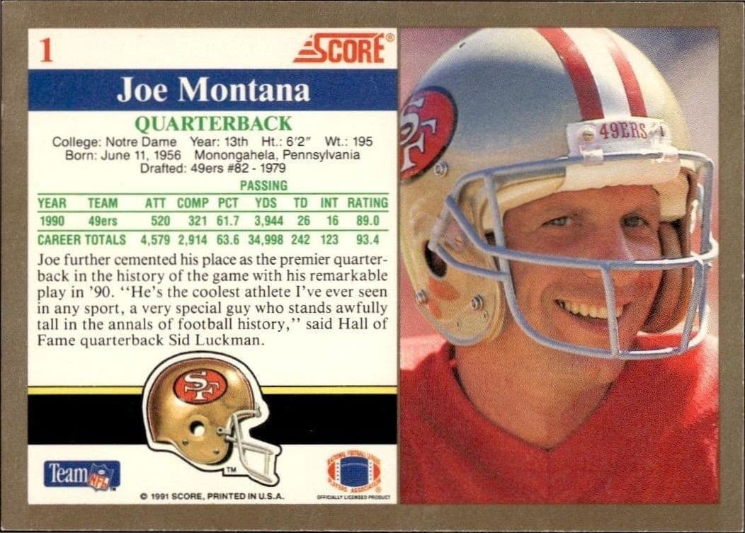 1991 Score Joe Montana #1 football trading card back