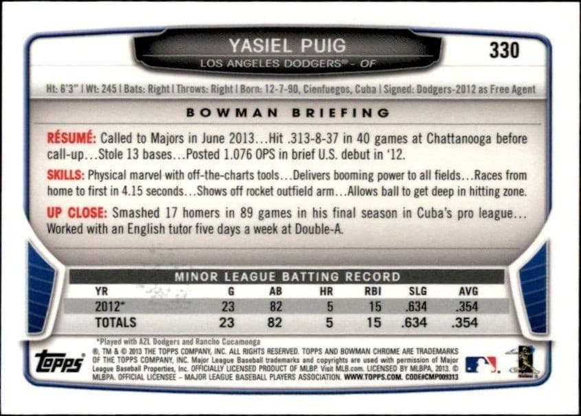 2013 Bowman Chrome Yasiel Puig #330 baseball trading card back
