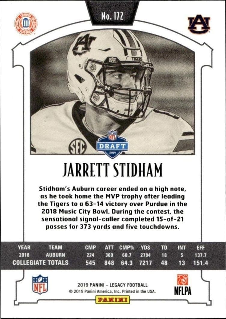 2019 Panini Legacy Jarrett Stidham #172 football trading card back