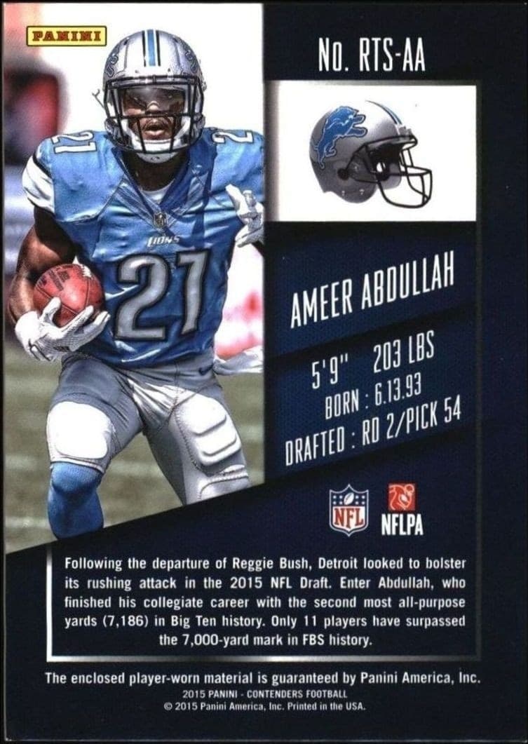 2015 Panini Contenders Ameer Abdullah #RTS-AA football trading card back