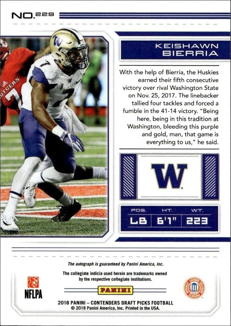 2018 Panini Contenders Draft Picks Keishawn Bierria #229 football trading card back