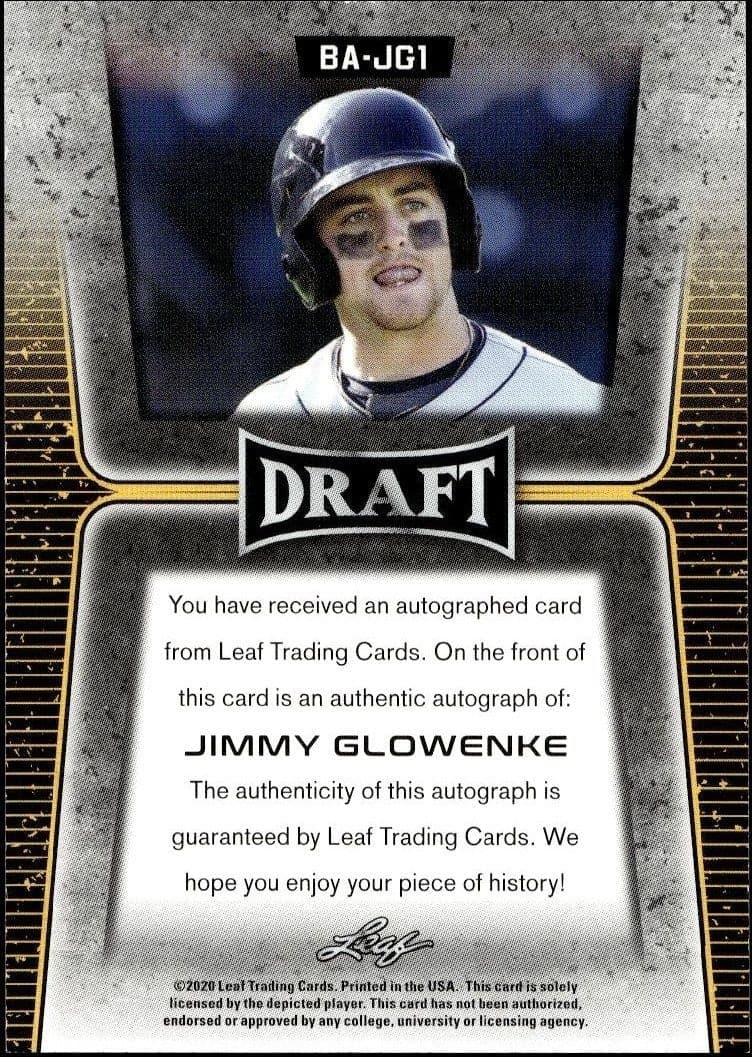 2020 Leaf Draft Jimmy Glowenke #BA-JG1 baseball trading card back