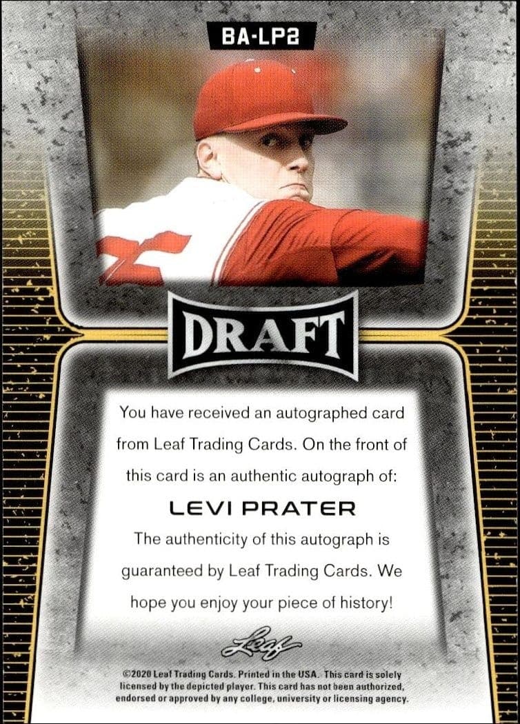 2020 Leaf Draft Levi Prater #BA-LP2 baseball trading card back