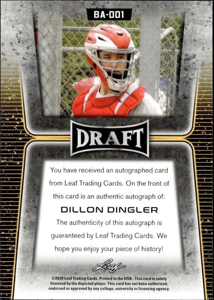 2020 Leaf Draft Dillon Dingler #BA-001 baseball trading card back