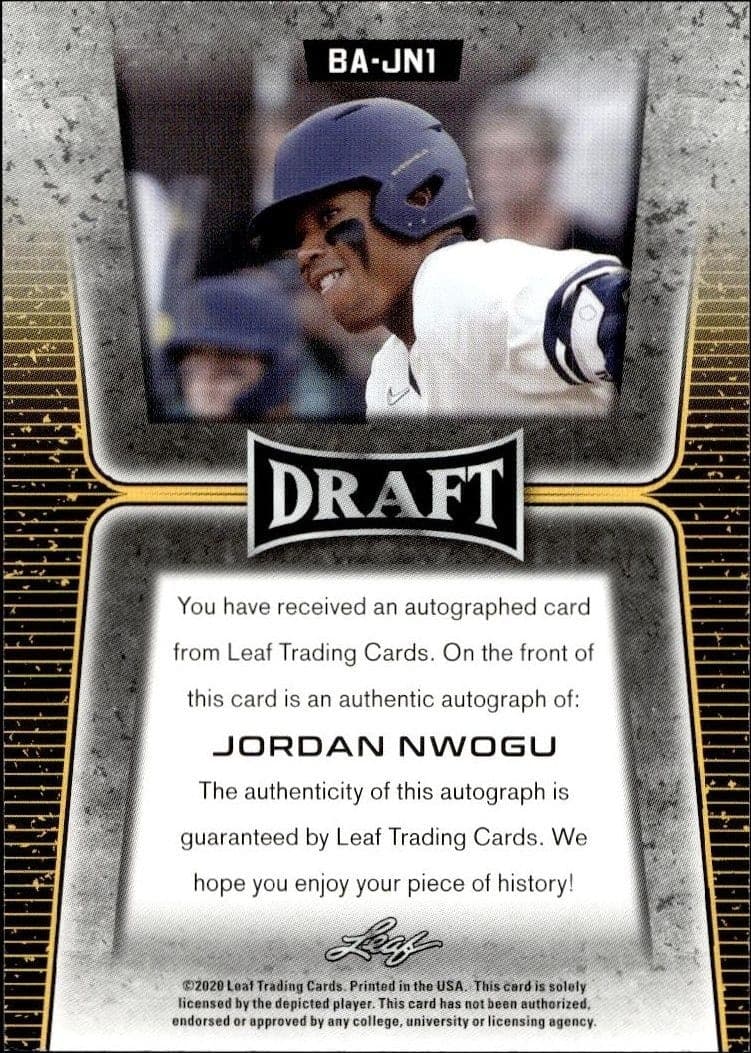 2020 Leaf Draft Jordan Nwogu #BA-JN1 baseball trading card back