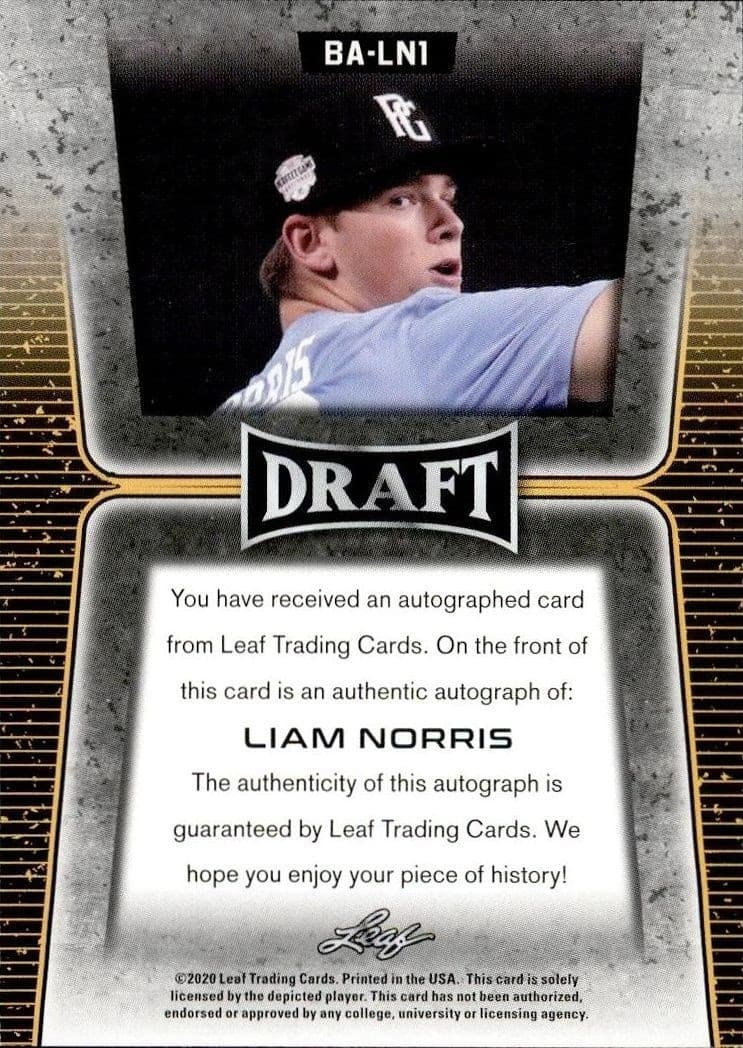 2020 Leaf Draft Liam Norris #BA-LN1 baseball trading card back