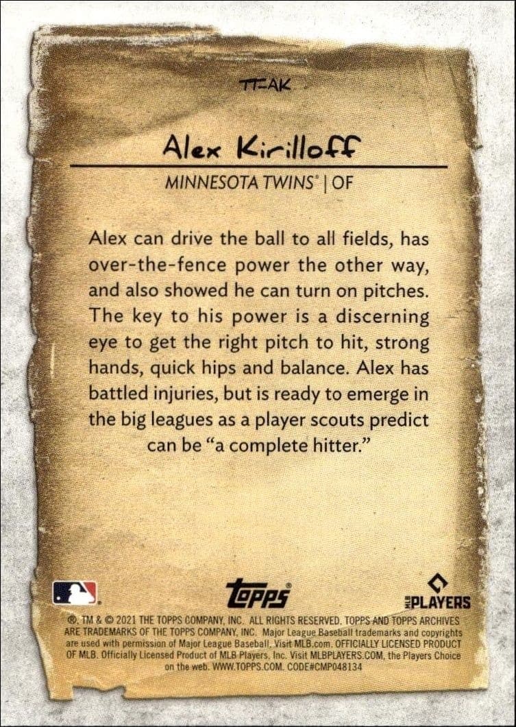 2021 Topps Archives Snapshots Alex Kirilloff #TT-AK baseball trading card back