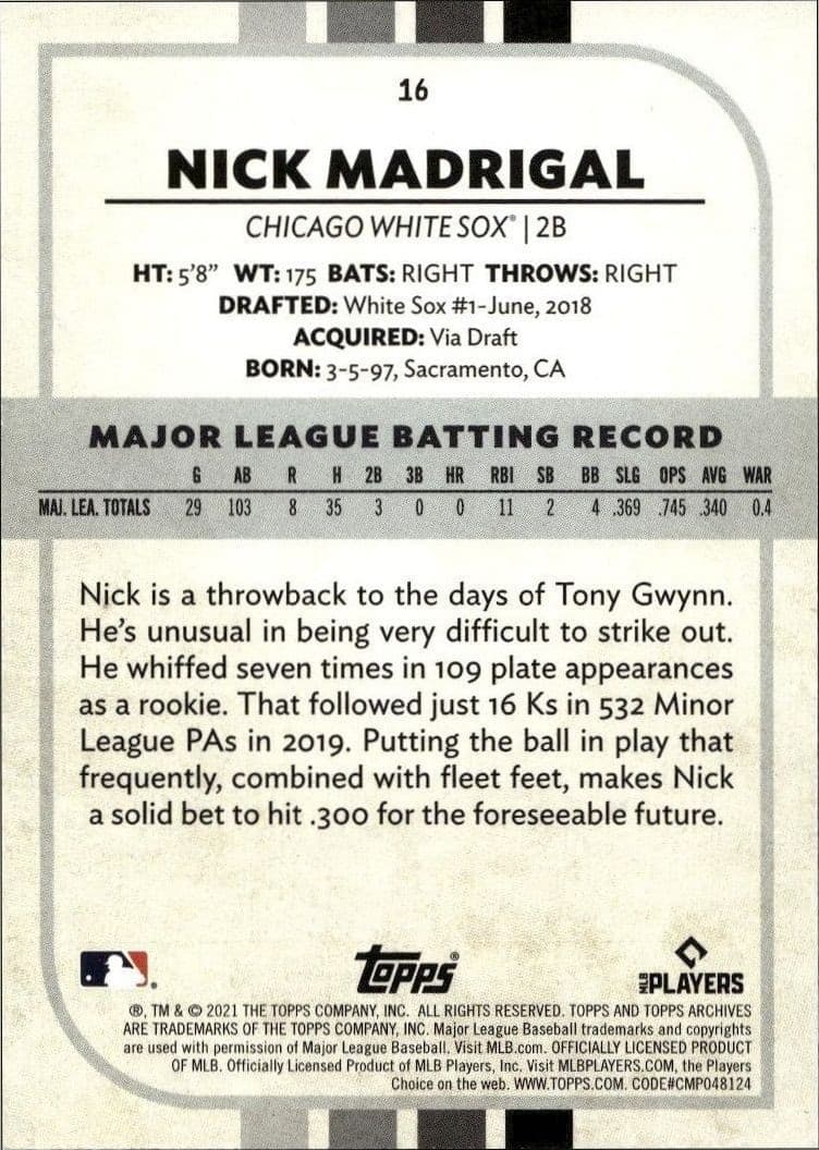 2021 Topps Archives Snapshots Nick Madrigal #16 baseball trading card back