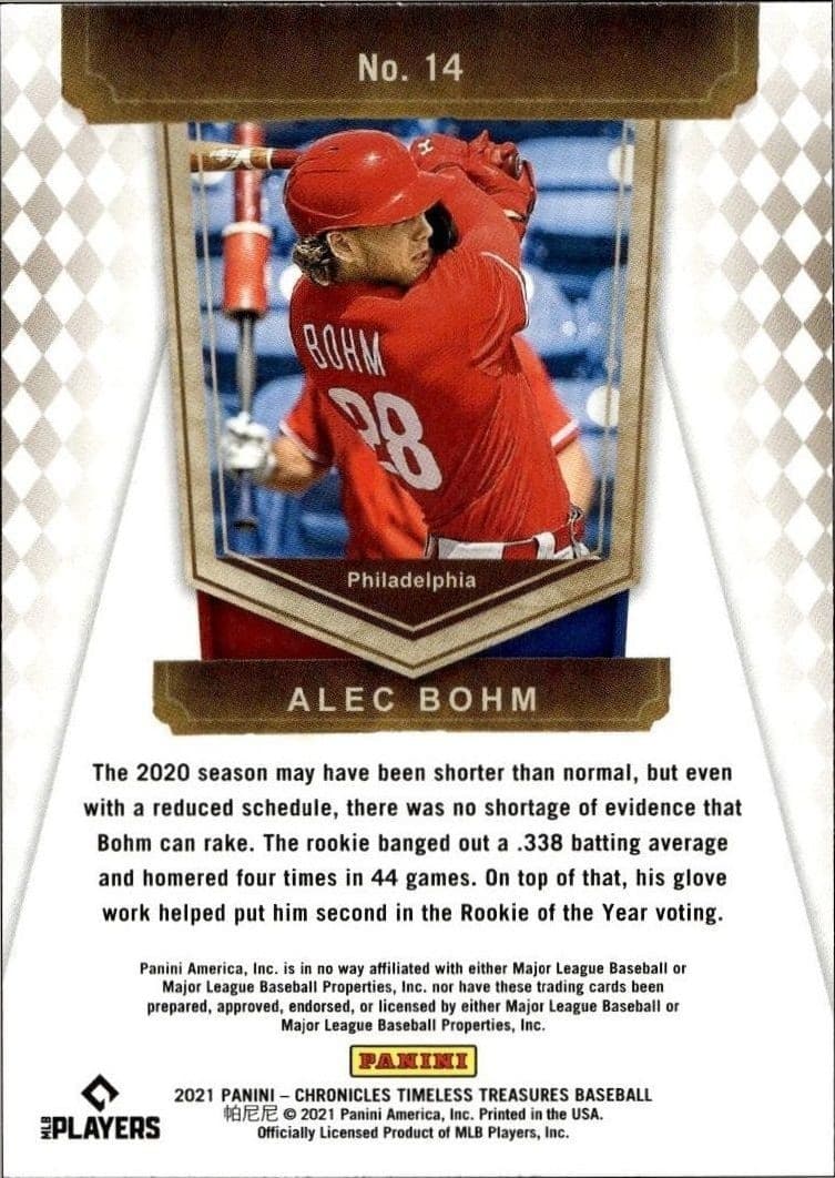 2021 Panini Chronicles Alec Bohm #14 baseball trading card back