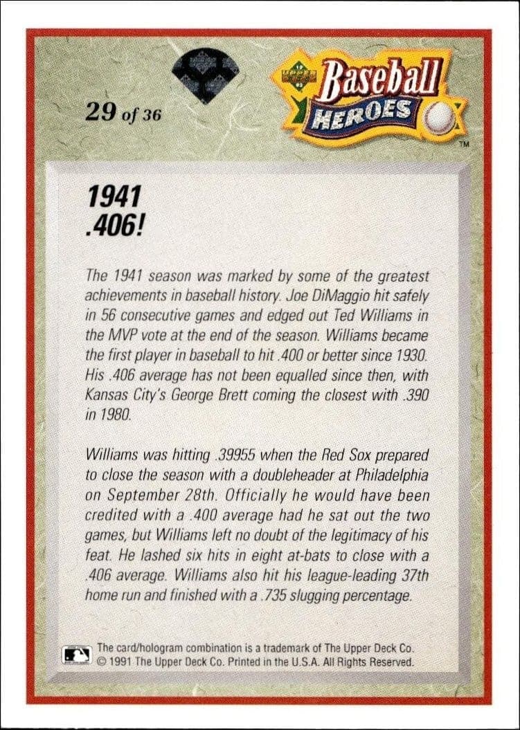 1992 Upper Deck Ted Williams #29 baseball trading card back