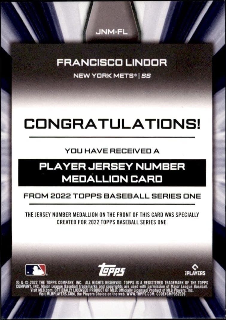 2022 Topps Francisco Lindor #JNM-FL baseball trading card back