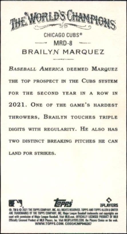 2021 Topps Allen & Ginter Brailyn Marquez #MRD-8 baseball trading card back