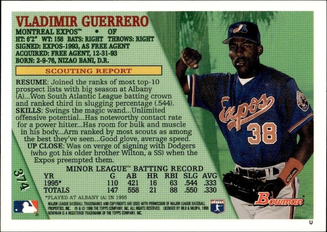 1996 Bowman Vladimir Guerrero #374 baseball trading card back
