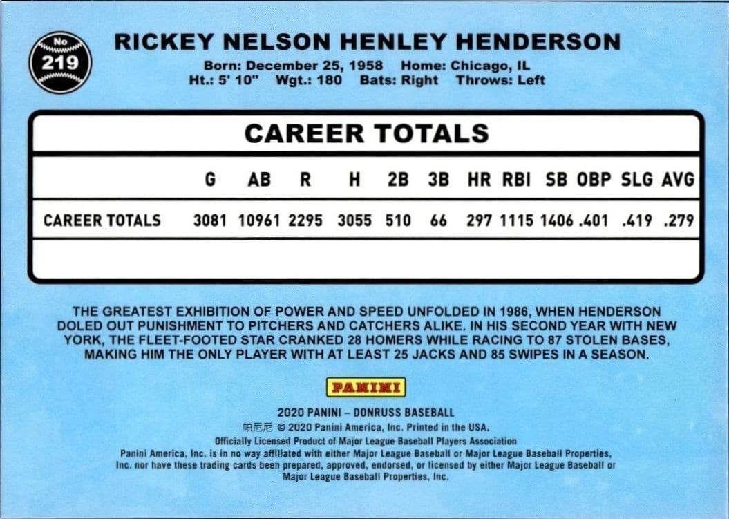 2020 Panini Donruss Rickey Henderson #219 baseball trading card back