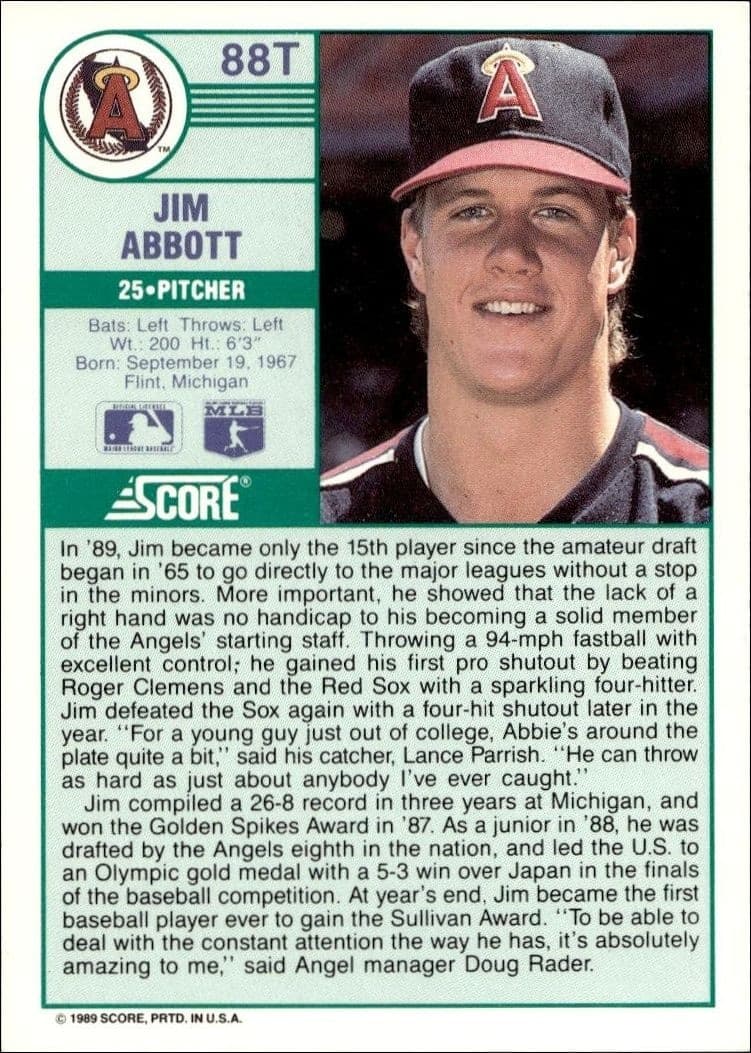 1989 Score Traded Jim Abbott #88T baseball trading card back