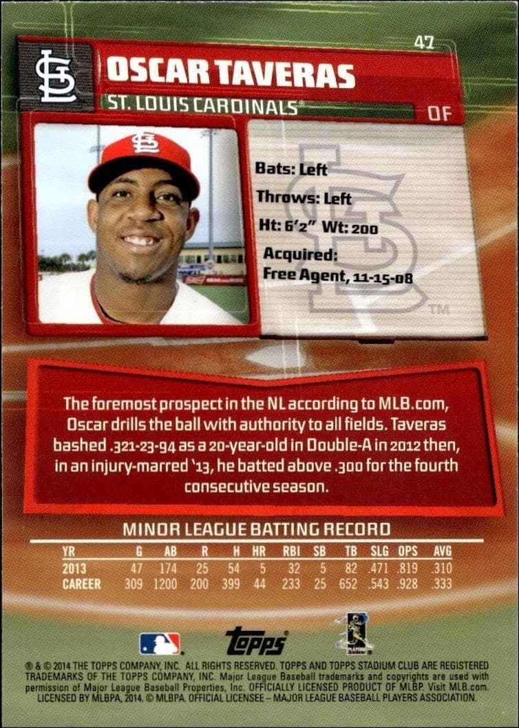 2014 Topps Stadium Club Oscar Taveras #47 baseball trading card back