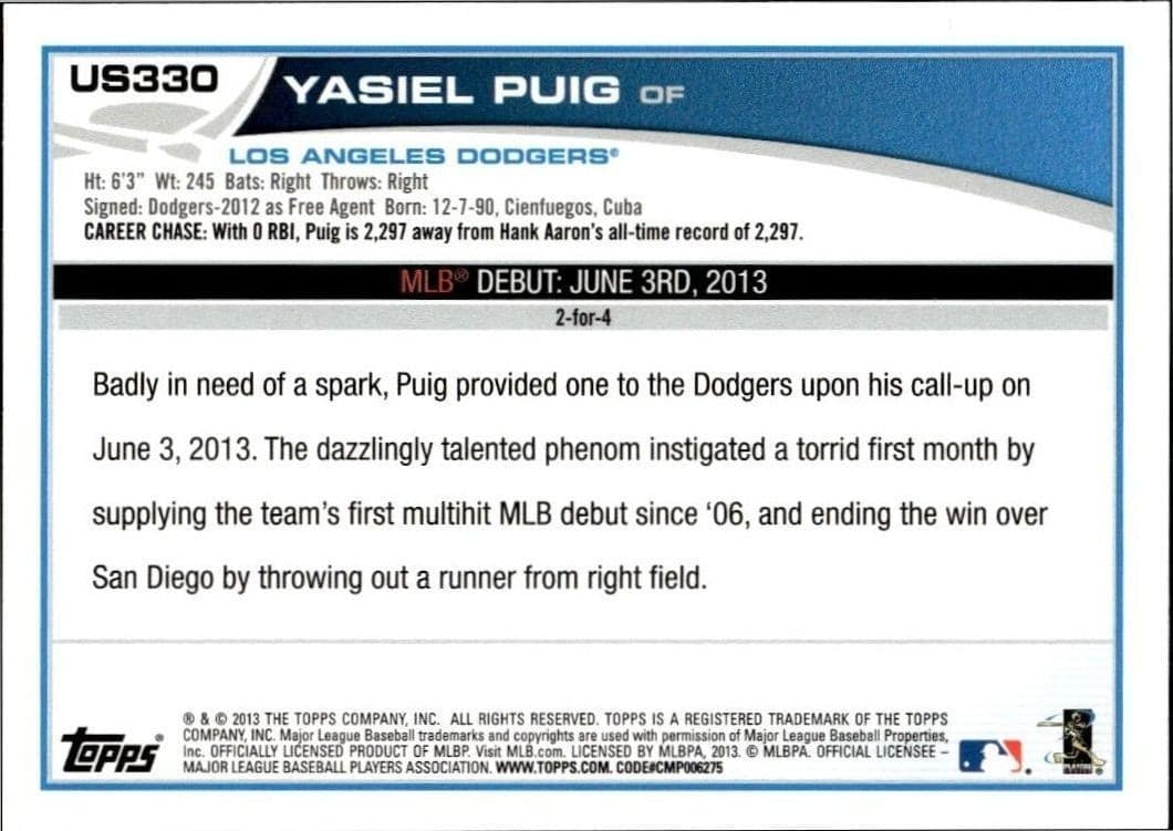 2013 Topps Update Series Yasiel Puig #US330 baseball trading card back