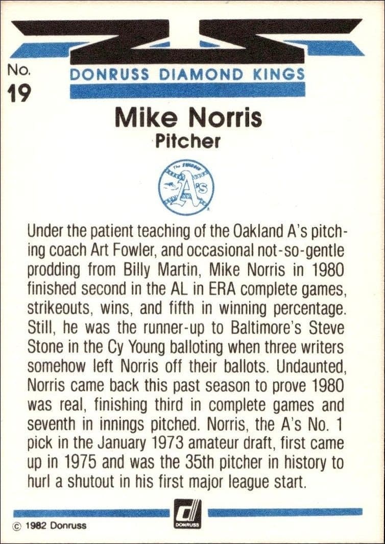 1982 Donruss Mike Norris #19 baseball trading card back
