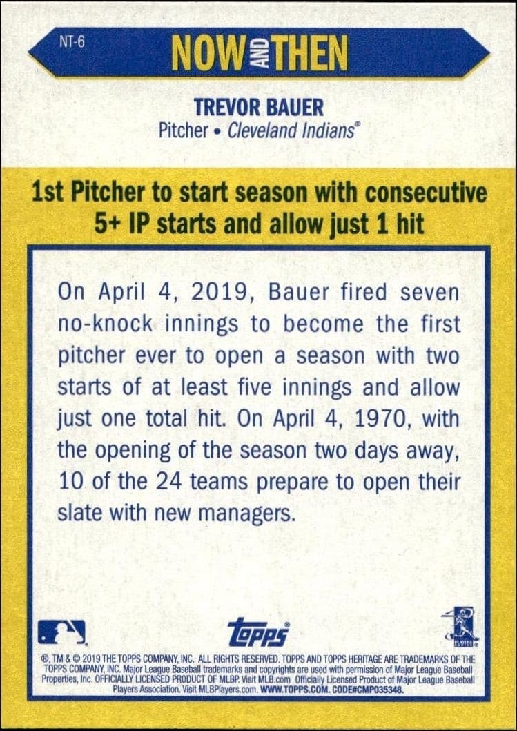 2019 Topps Heritage Trevor Bauer #NT-6 baseball trading card back