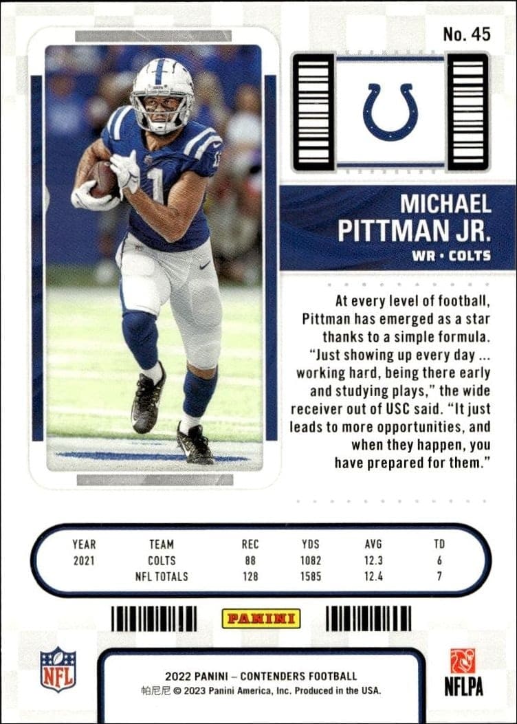 2022 Panini Contenders Michael Pittman Jr. #45 football trading card back