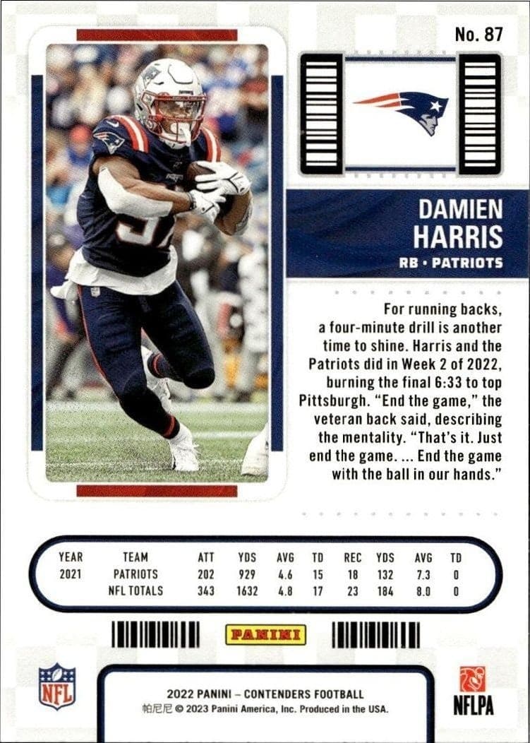 2022 Panini Contenders Damien Harris #87 football trading card back