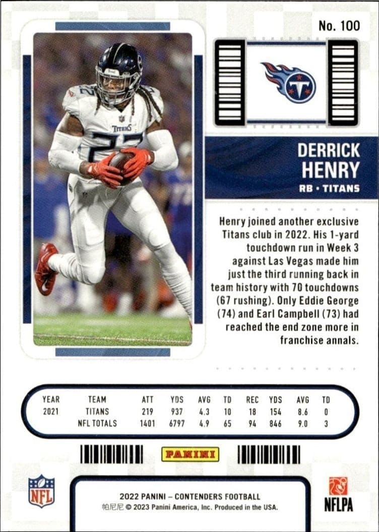 2022 Panini Contenders Derrick Henry #100 football trading card back