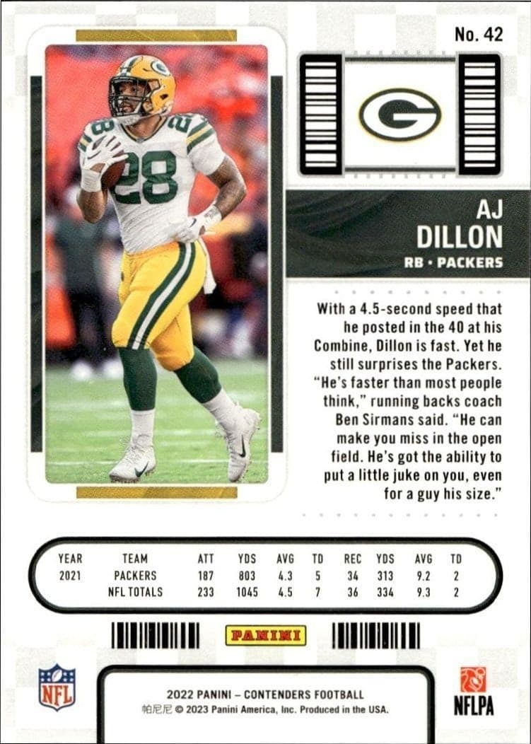 2022 Panini Contenders AJ Dillon #42 football trading card back