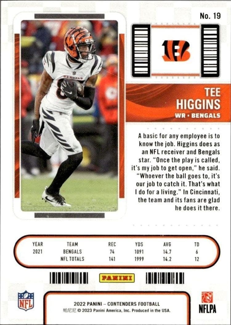 2022 Panini Contenders Tee Higgins #19 football trading card back