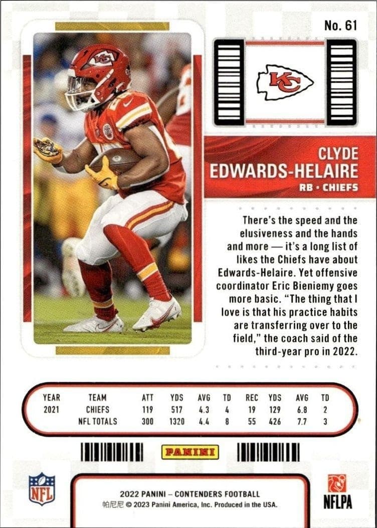 2022 Panini Contenders Clyde Edwards-Helaire #61 football trading card back