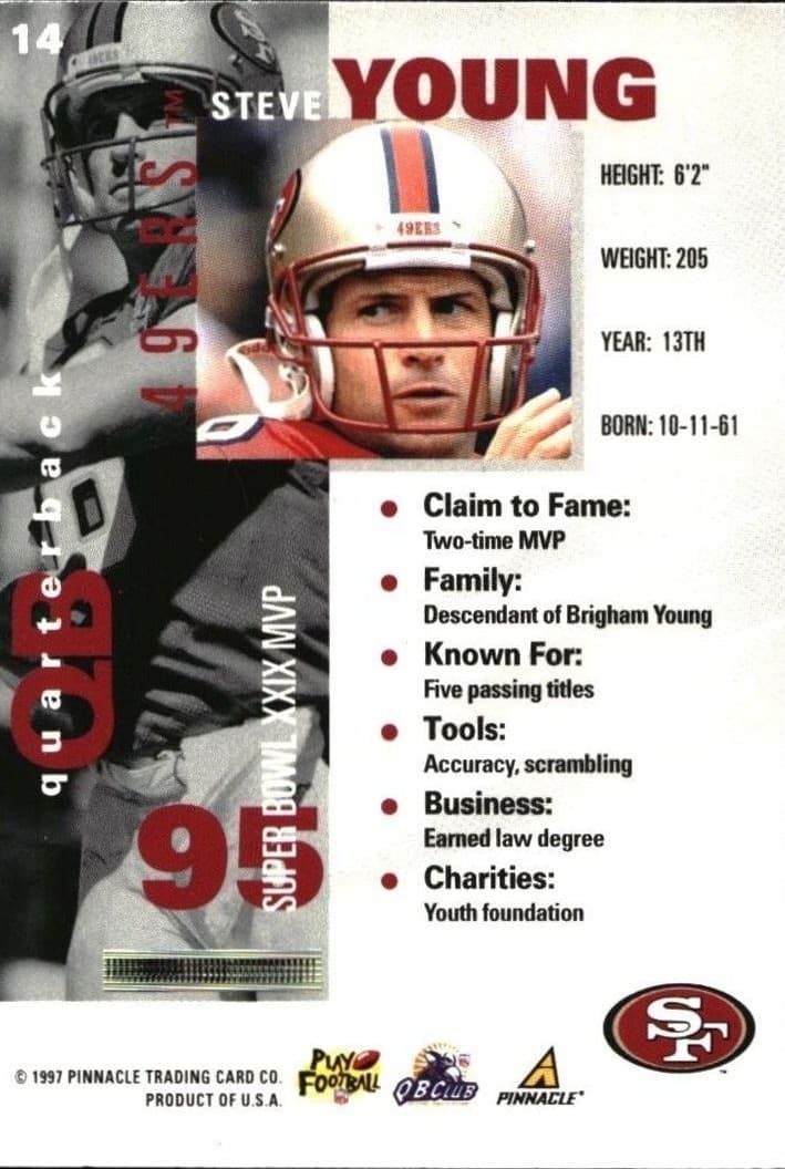 1997 Pinnacle Inside Steve Young #14 football trading card back