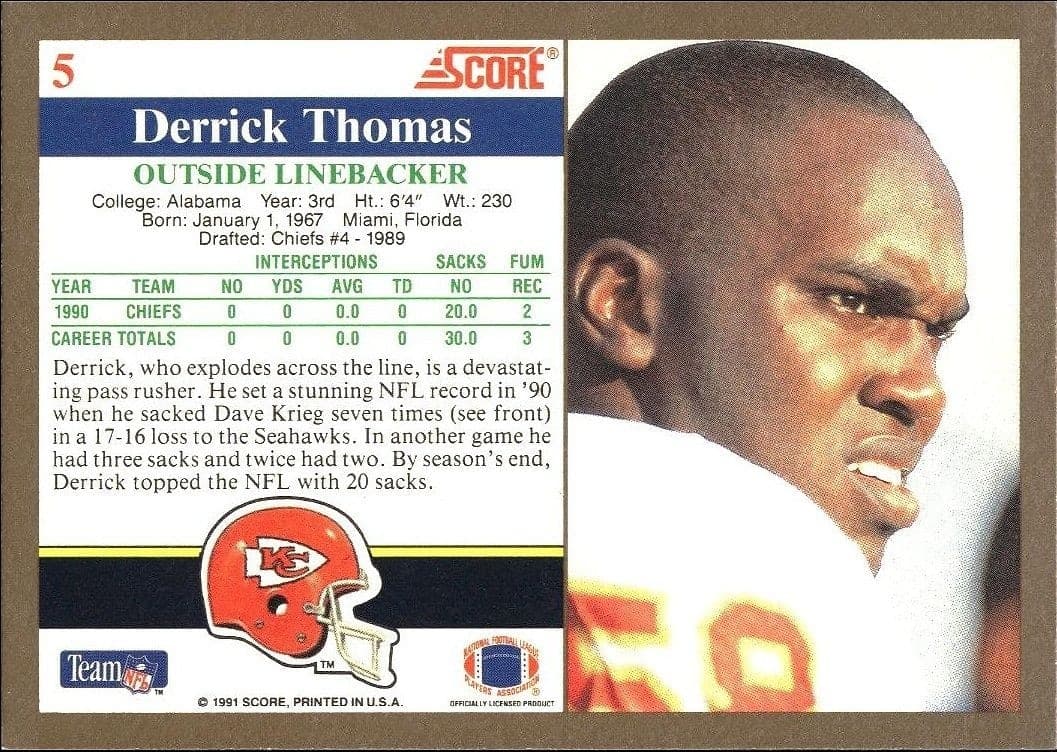 1991 Score Derrick Thomas #5 football trading card back