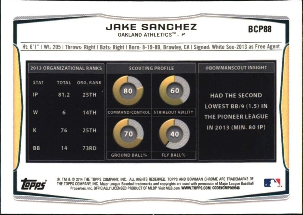 2014 Bowman Jake Sanchez #BCP88 baseball trading card back