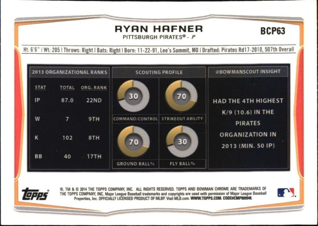 2014 Bowman Ryan Hafner #BCP63 baseball trading card back