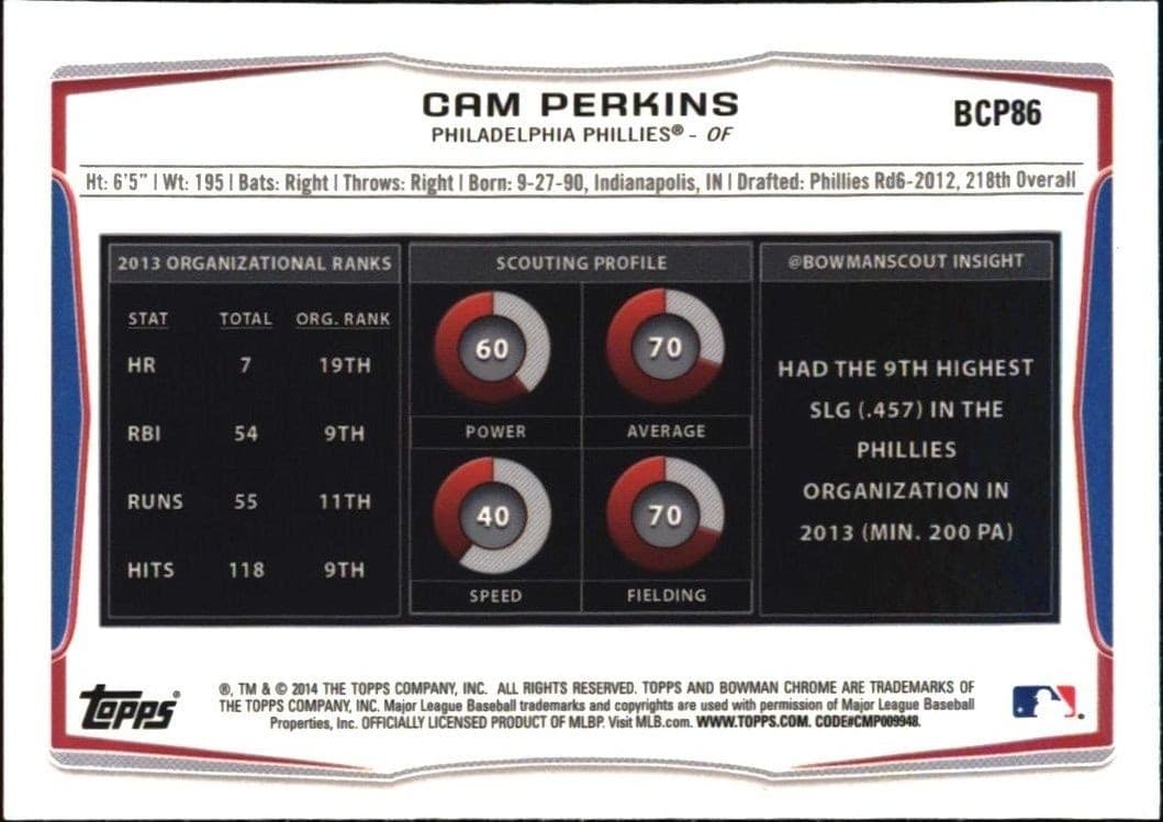 2014 Bowman Cam Perkins #BCP86 baseball trading card back