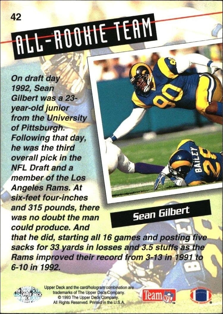 1993 Upper Deck Sean Gilbert #42 football trading card back