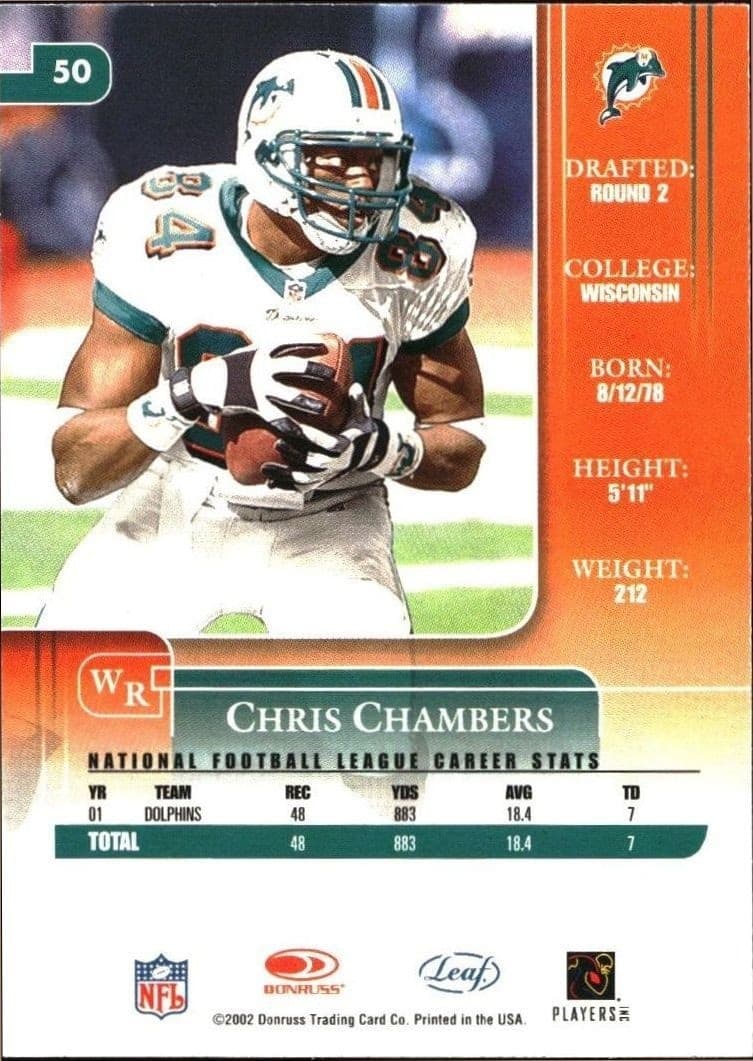 2002 Leaf Rookies & Stars Chris Chambers #50 football trading card back