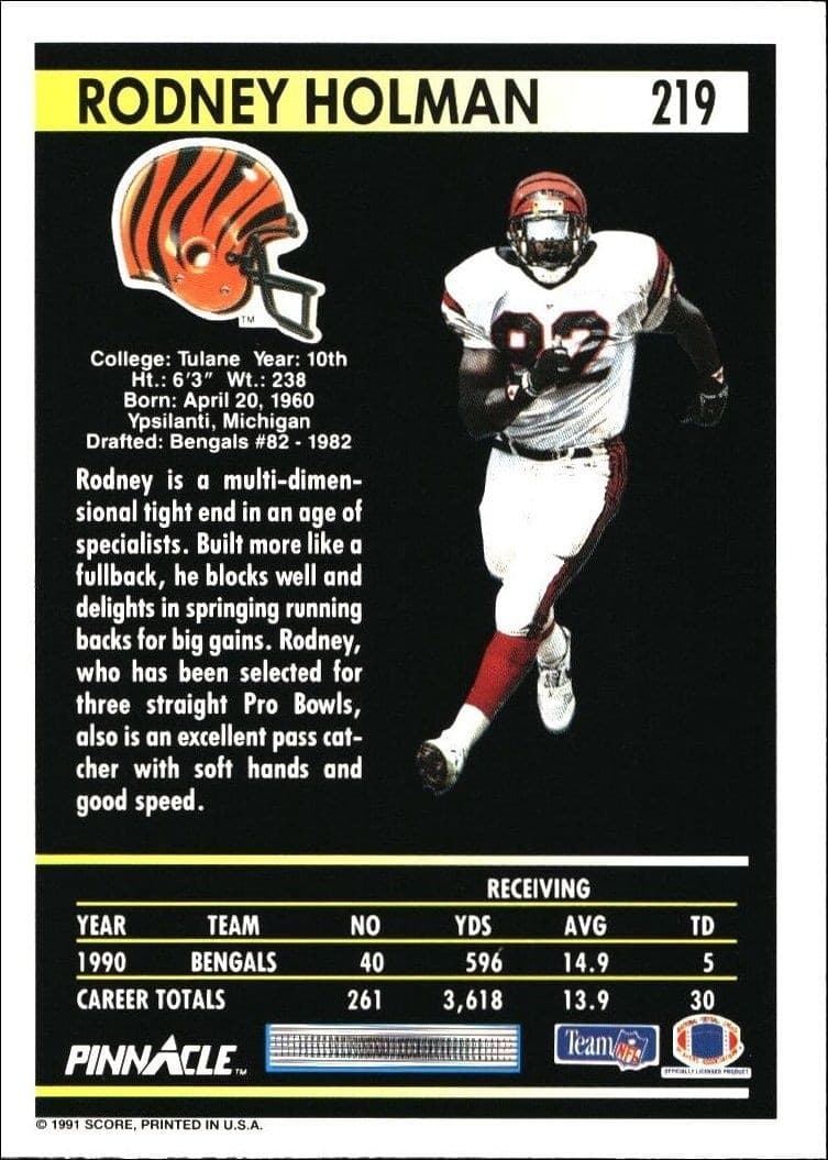 1991 Pinnacle Rodney Holman #219 football trading card back