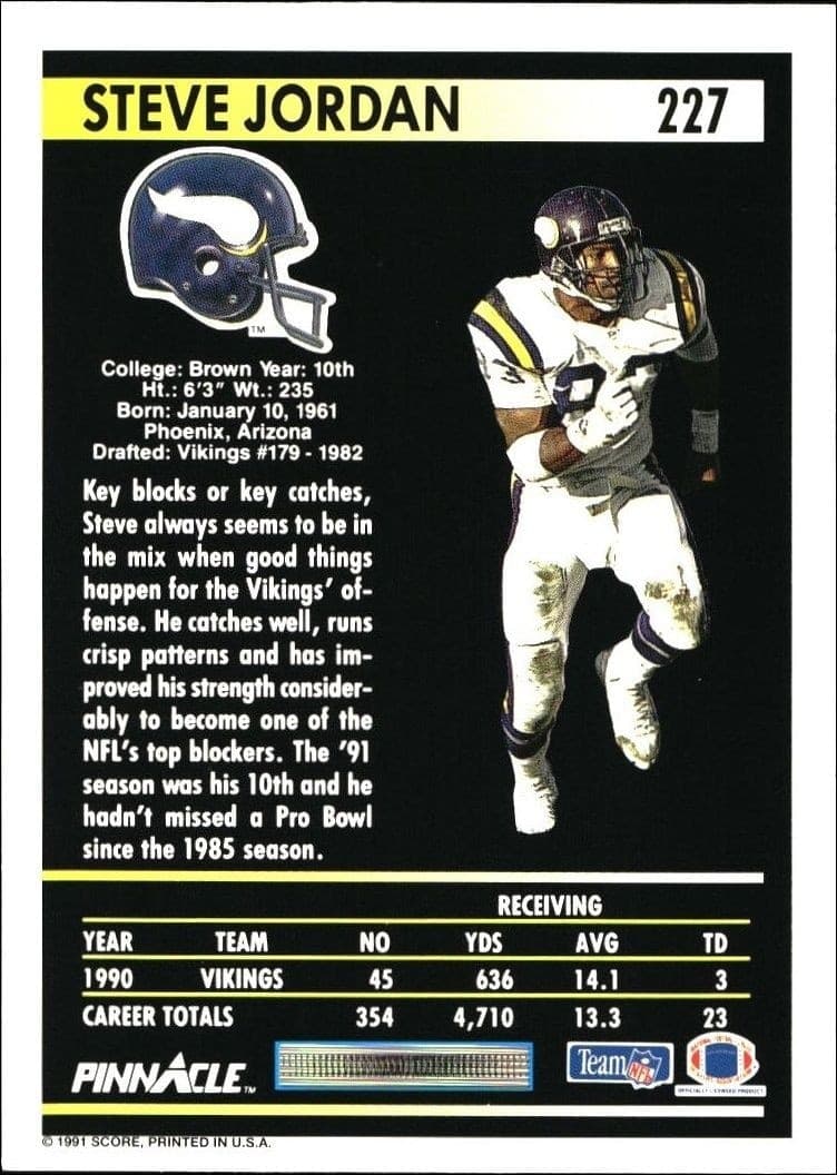 1991 Pinnacle Steve Jordan #227 football trading card back